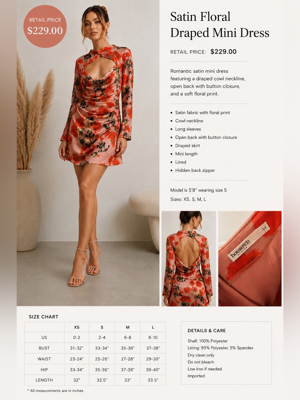 House of CB Floral Satin Draped Mini Dress - L